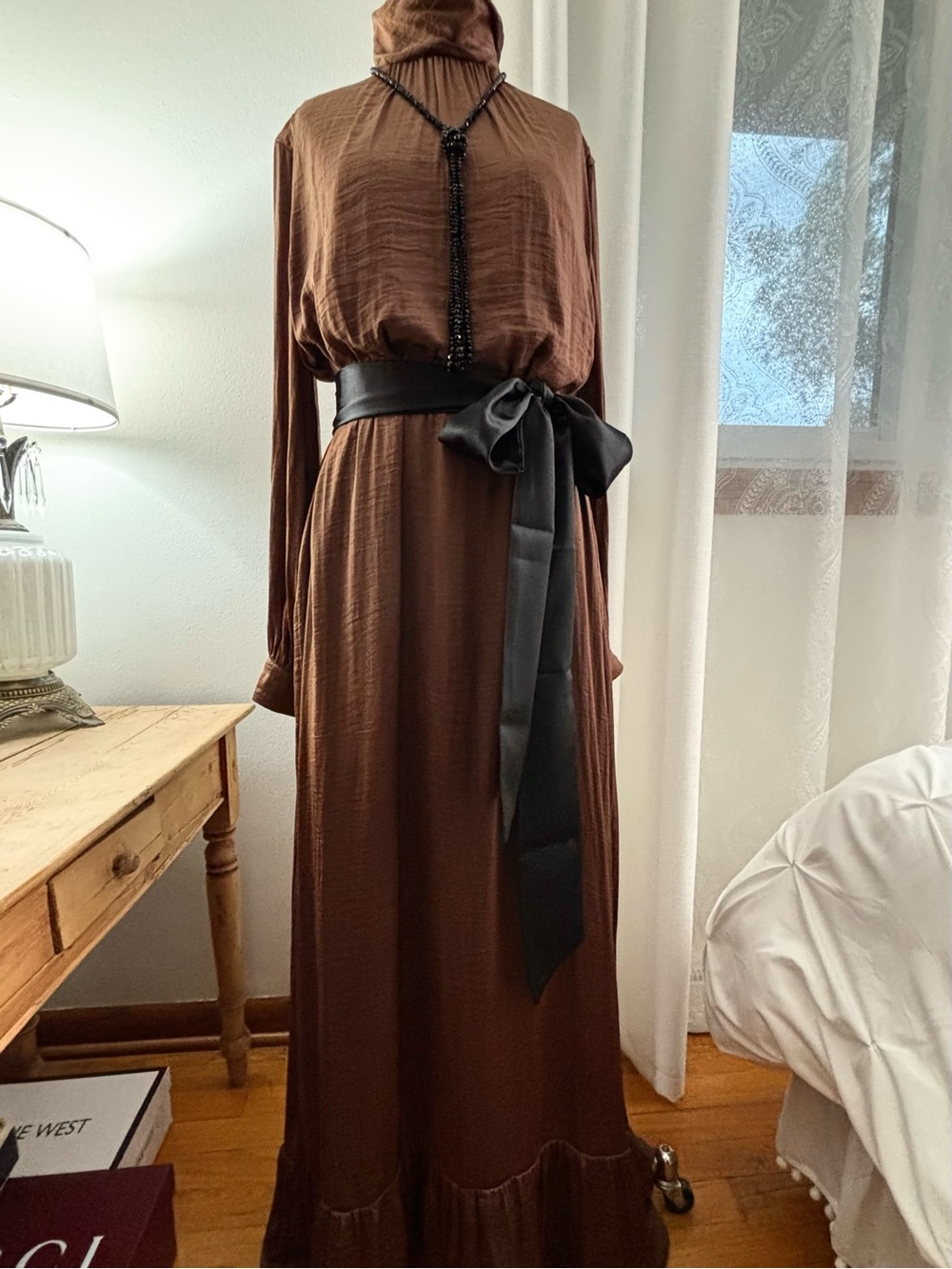 Lavender Brown Yareli Dress, Brown/Bronze High-Neck Maxi Dress, L/XL, NWT - Picture 2 of 9